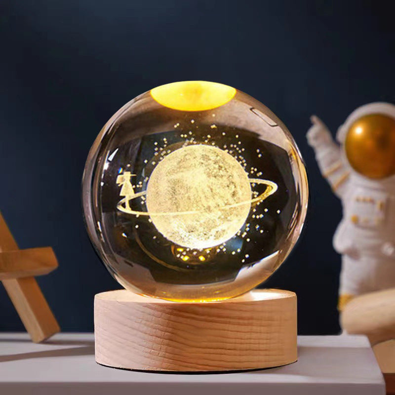 3D Galaxy Crystal Ball Wooden Base Solar System LED