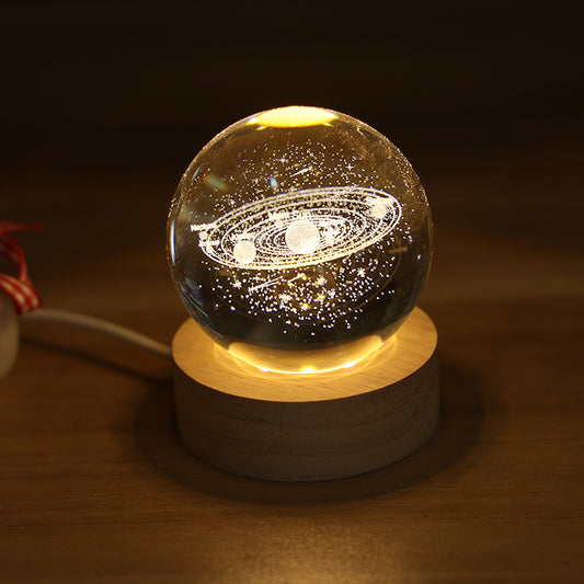 3D Galaxy Crystal Ball Wooden Base Solar System LED