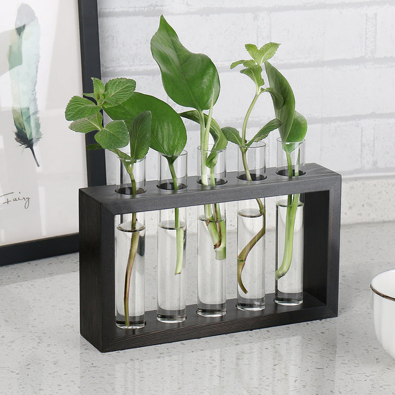 Tabletop Glass Planter Ornament Wooden Stand Test Tube Vase