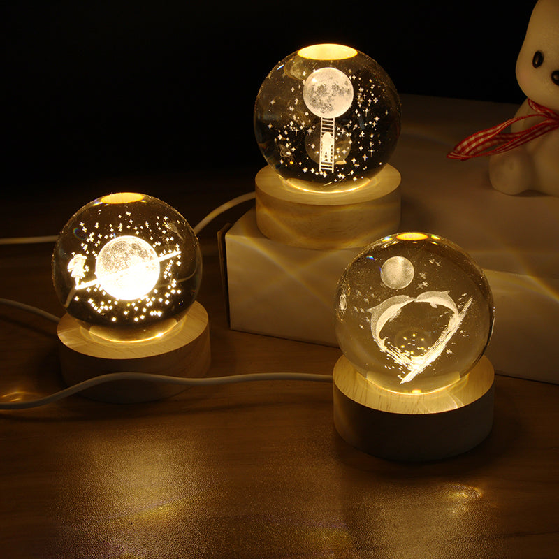 3D Galaxy Crystal Ball Wooden Base Solar System LED