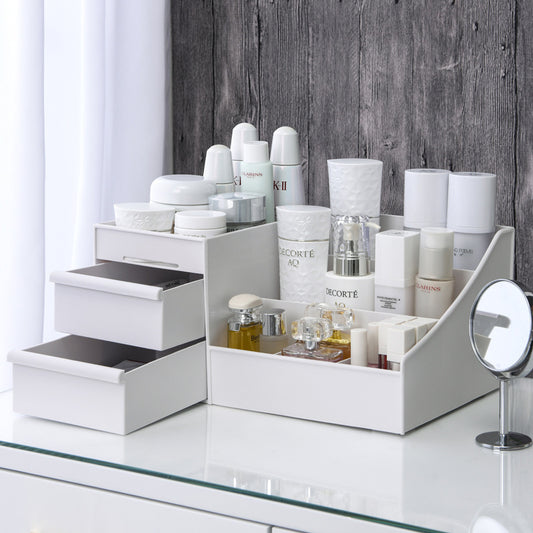 Plastic Cosmetic Organizer Drawer Box (White)